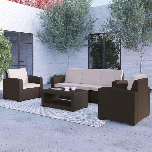Vivian 4 Piece Chocolate Brown Faux Rattan Patio Furniture Set with 2 Chairs and Sofa with Removable Beige Cushions and Table