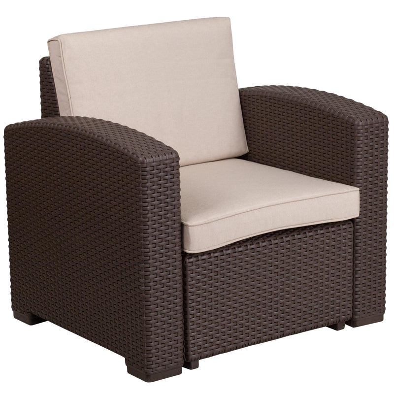 Vivian 4 Piece Chocolate Brown Faux Rattan Patio Furniture Set with 2 Chairs and Sofa with Removable Beige Cushions and Table