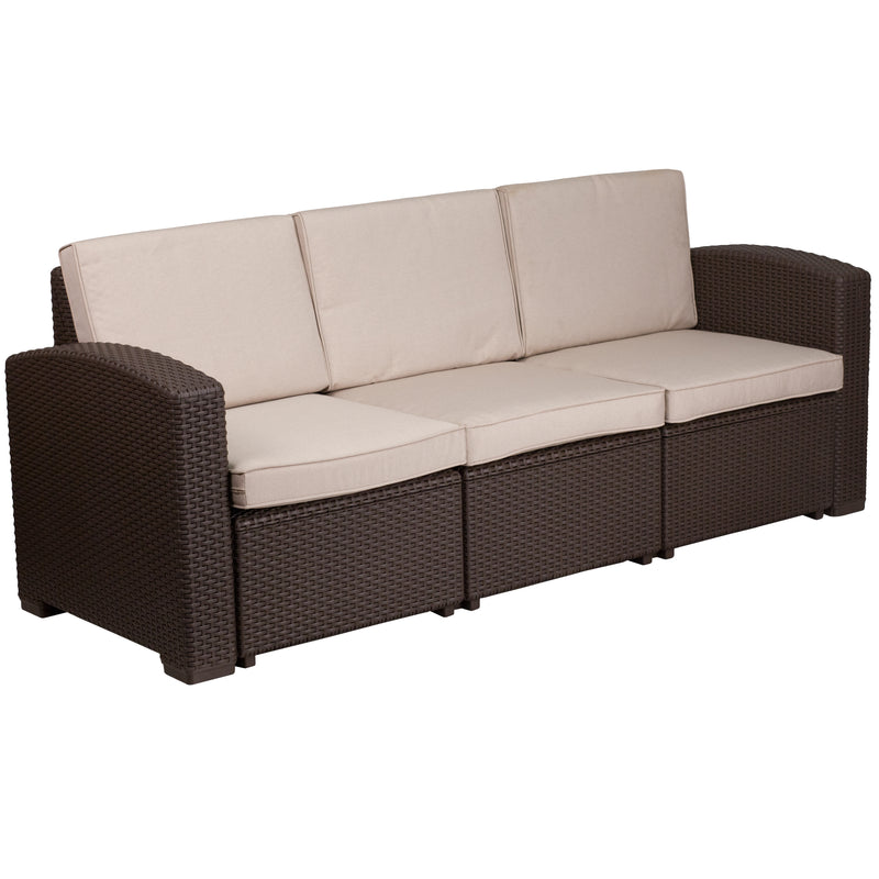 Vivian 4 Piece Chocolate Brown Faux Rattan Patio Furniture Set with 2 Chairs and Sofa with Removable Beige Cushions and Table