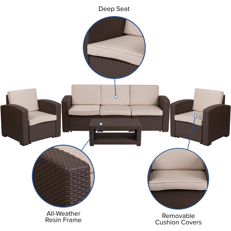Vivian 4 Piece Chocolate Brown Faux Rattan Patio Furniture Set with 2 Chairs and Sofa with Removable Beige Cushions and Table