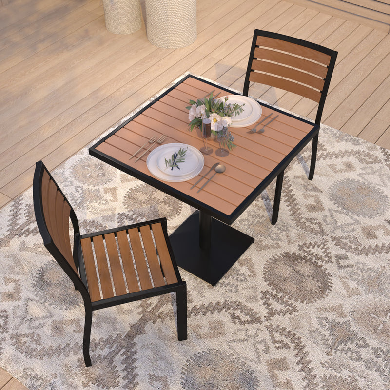 Kersey Outdoor Stackable Side Chairs Faux Poly Teak Wood and Metal Patio and Deck Chairs for All-Weather Use- Set of 2