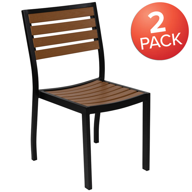 Kersey Outdoor Stackable Side Chairs Faux Poly Teak Wood and Metal Patio and Deck Chairs for All-Weather Use- Set of 2