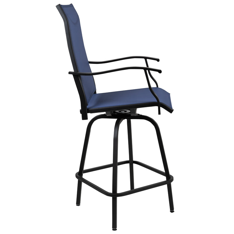 Set of 2 Brett High Back Bar Height Swivel Patio Stools with Powder Coated Metal Frames and Textilene Upholstery