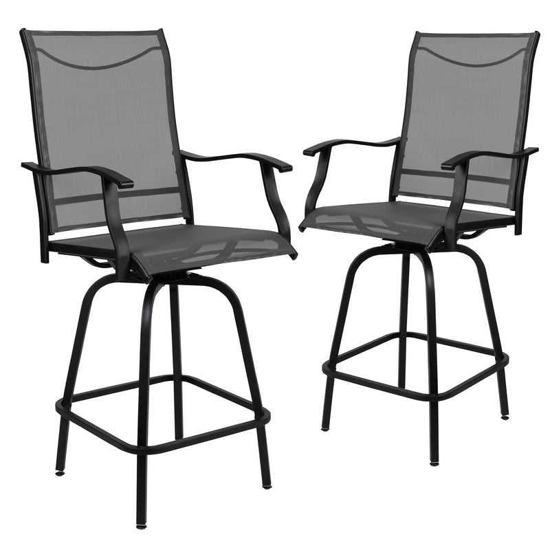 Set of 2 Brett High Back Bar Height Swivel Patio Stools with Powder Coated Metal Frames and Textilene Upholstery