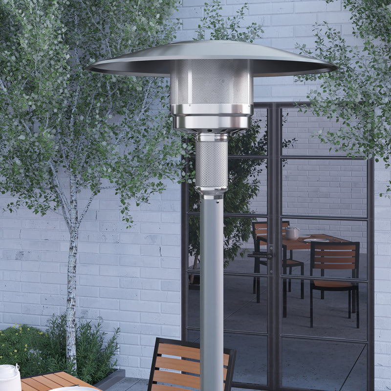 Silver Finished Stainless Steel 7.5' Tall 40,000 BTU Outdoor Propane Patio Heater with Wheels
