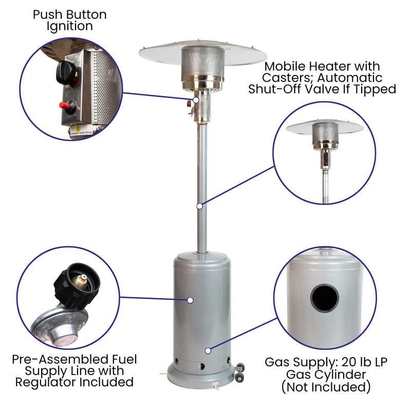 Silver Finished Stainless Steel 7.5' Tall 40,000 BTU Outdoor Propane Patio Heater with Wheels
