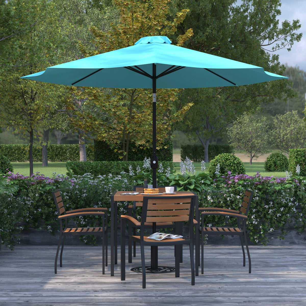 blain's patio umbrella Merrick Lane Bali Teal 9' Round UV Resistant Outdoor Patio Umbrella With Height Lever And 33° Push Button Tilt