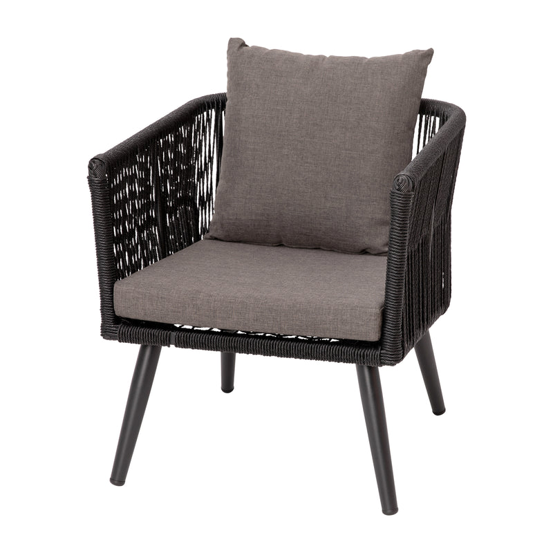 Magnolia Outdoor Furniture 4 Piece Black Woven Aluminum Frame Loveseat, 2 Chair and Coffee Table Set With Gray Cushions