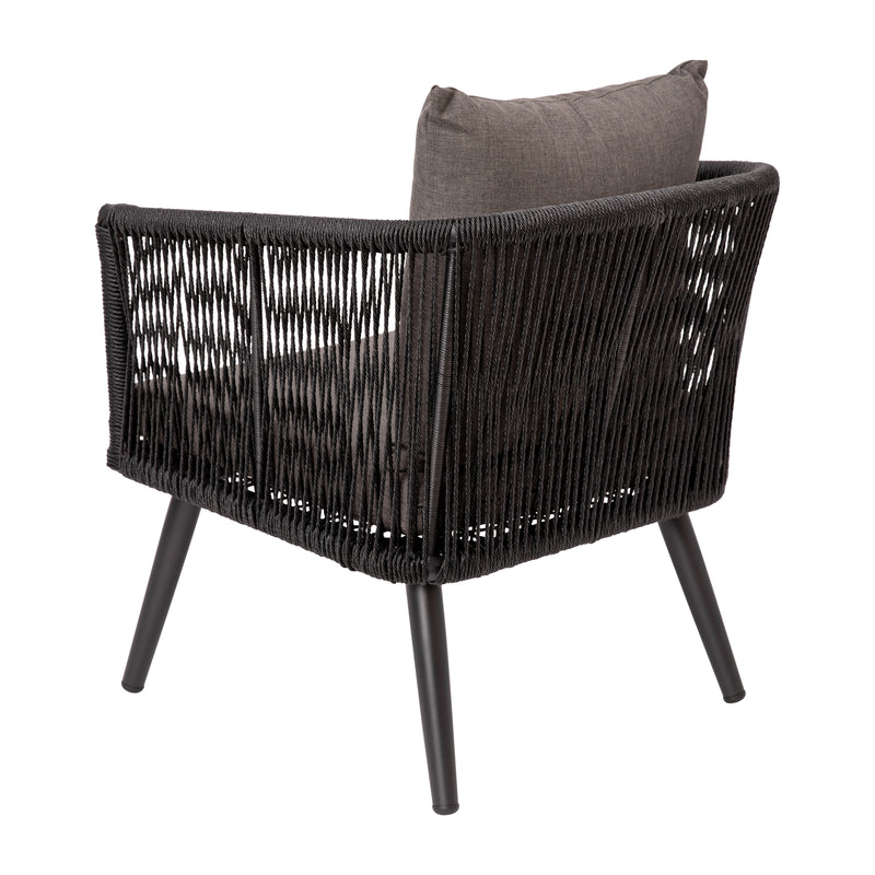 Magnolia Outdoor Furniture 4 Piece Black Woven Aluminum Frame Loveseat, 2 Chair and Coffee Table Set With Gray Cushions