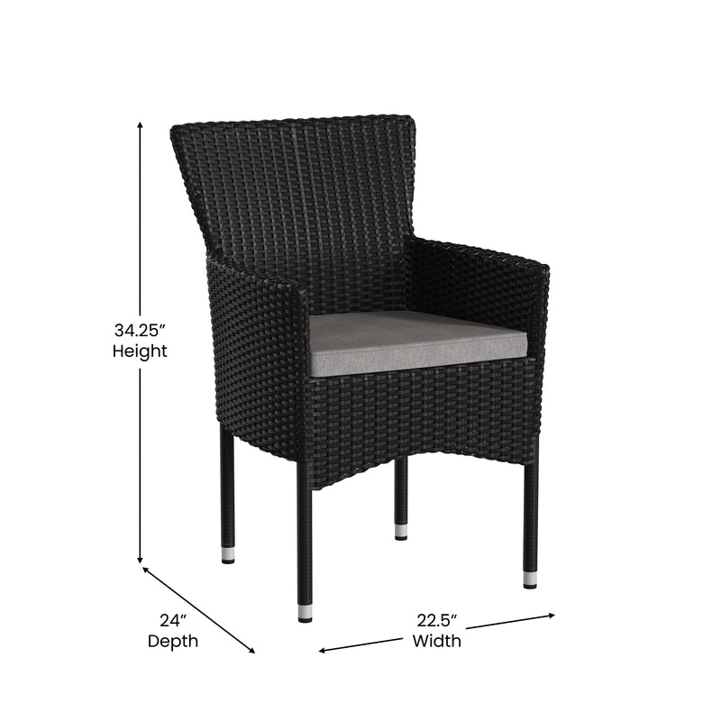Sunset Set of 2 Patio Chairs with Fade and Weather Resistant Black Wicker Wrapped Steel Frames & Gray Cushions