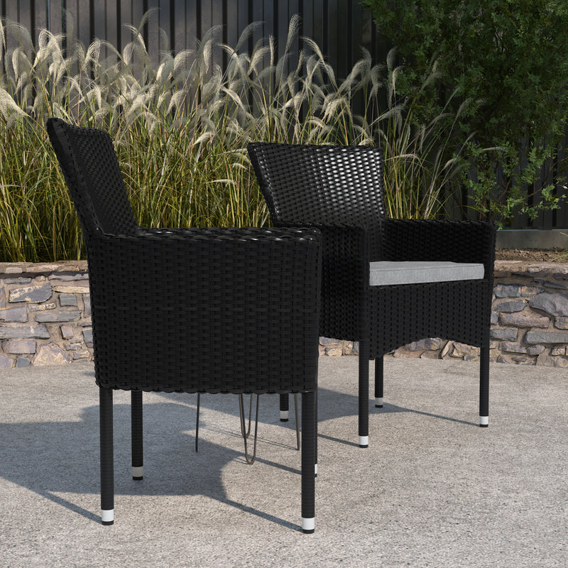 Sunset Set of 2 Patio Chairs with Fade and Weather Resistant Black Wicker Wrapped Steel Frames & Gray Cushions
