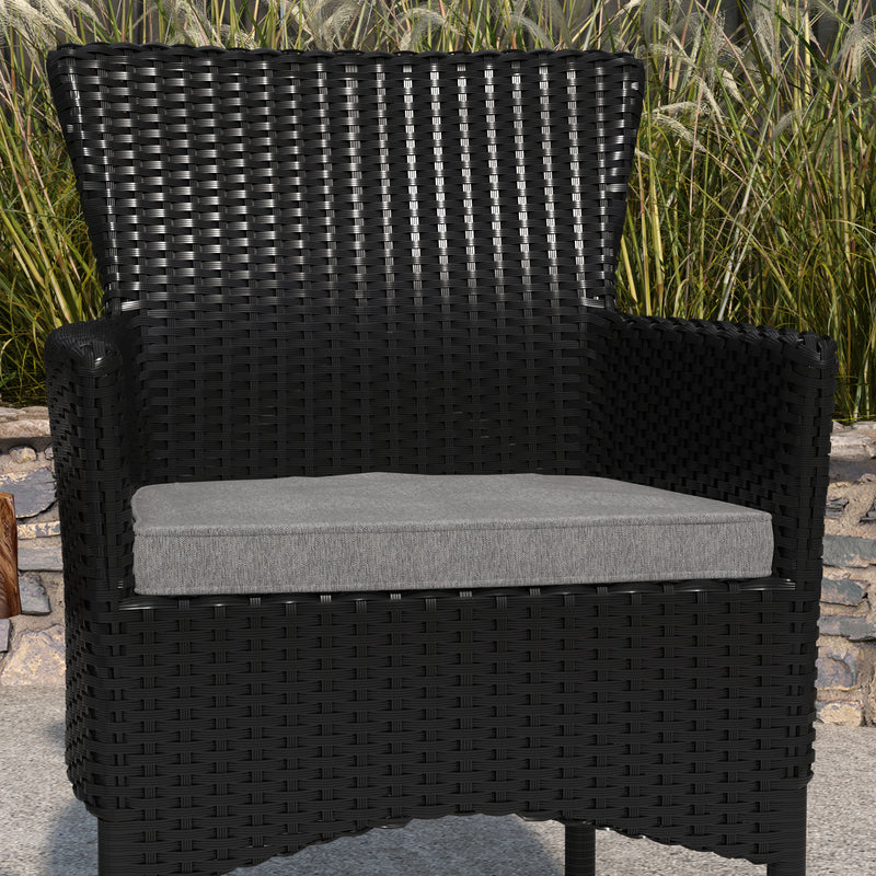 Sunset Set of 2 Patio Chairs with Fade and Weather Resistant Black Wicker Wrapped Steel Frames & Gray Cushions