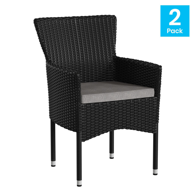 Sunset Set of 2 Patio Chairs with Fade and Weather Resistant Black Wicker Wrapped Steel Frames & Gray Cushions