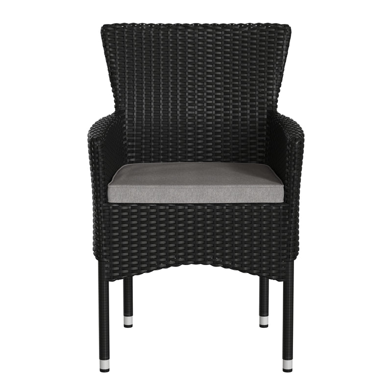 Sunset Set of 2 Patio Chairs with Fade and Weather Resistant Black Wicker Wrapped Steel Frames & Gray Cushions