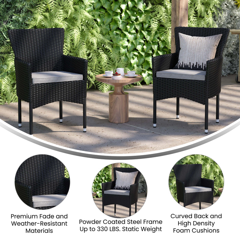 Sunset Set of 2 Patio Chairs with Fade and Weather Resistant Black Wicker Wrapped Steel Frames & Gray Cushions