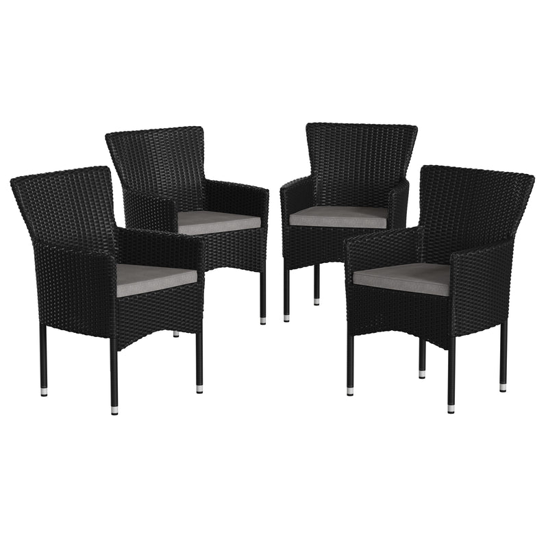 Sunset Set of 4 Patio Chairs with Fade and Weather Resistant Black Wicker Wrapped Steel Frames & Gray Cushions