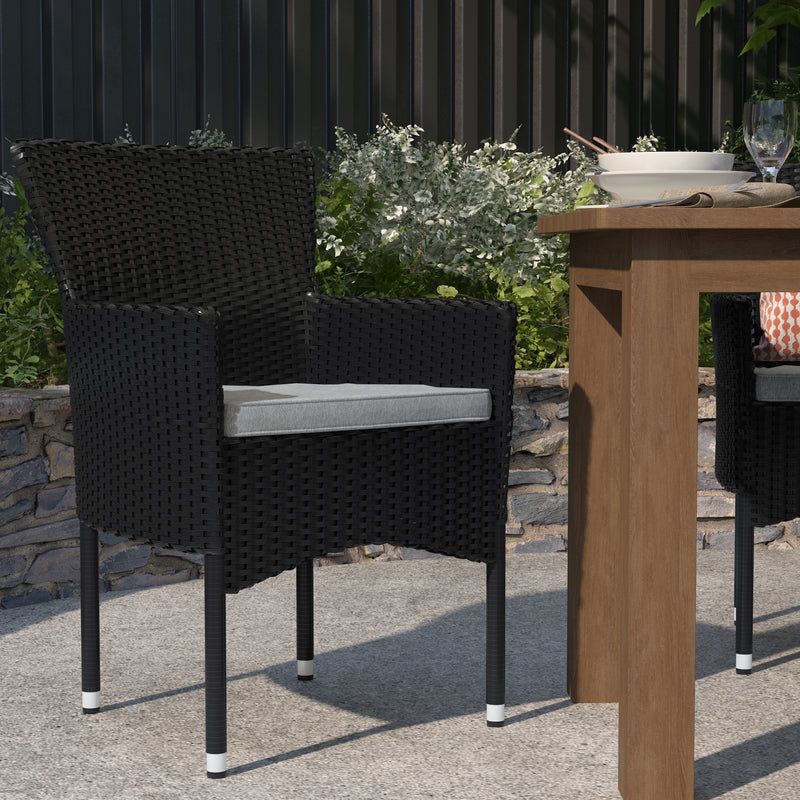 Sunset Set of 4 Patio Chairs with Fade and Weather Resistant Black Wicker Wrapped Steel Frames & Gray Cushions