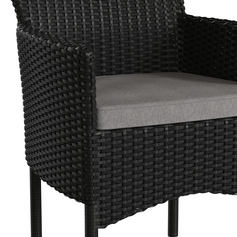 Sunset Set of 4 Patio Chairs with Fade and Weather Resistant Black Wicker Wrapped Steel Frames & Gray Cushions