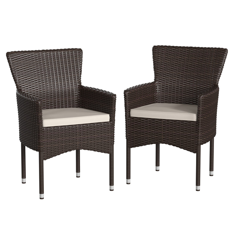 Sunset Patio Chairs with Fade and Weather Resistant Espresso Wicker Wrapped Powder Coated Steel Frames & Cream Cushions-Set of 2