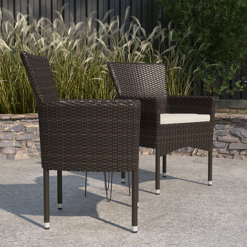 Sunset Patio Chairs with Fade and Weather Resistant Espresso Wicker Wrapped Powder Coated Steel Frames & Cream Cushions-Set of 2