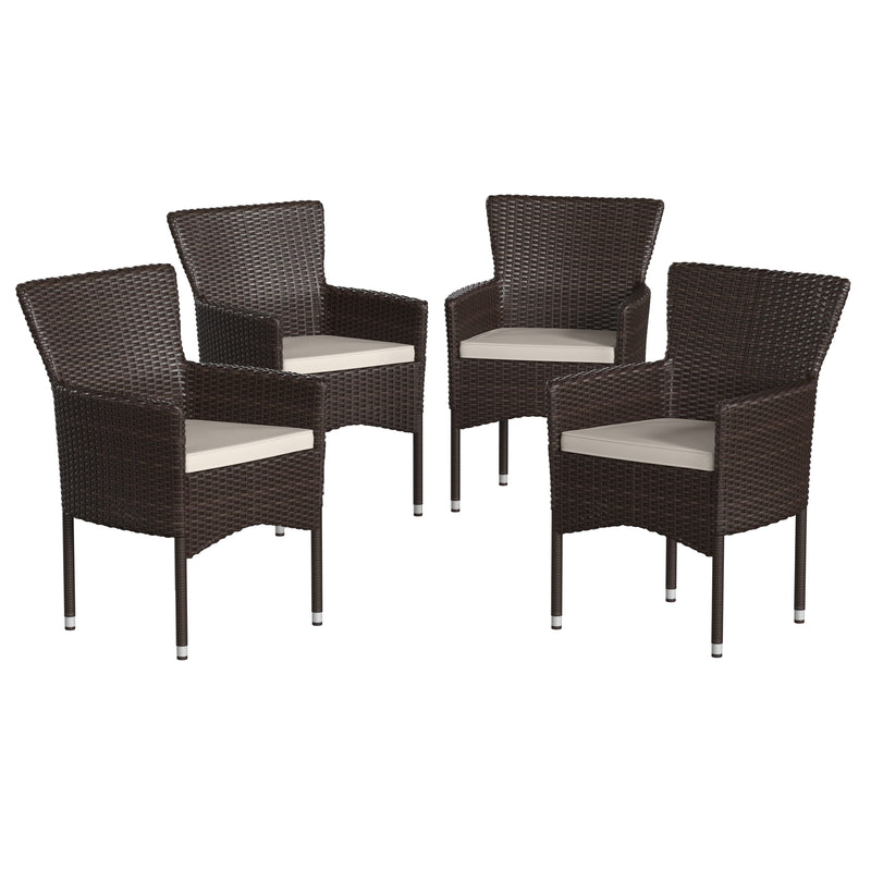 Sunset Patio Chairs with Fade and Weather Resistant Espresso Wicker Wrapped Powder Coated Steel Frames & Cream Cushions-Set of 4