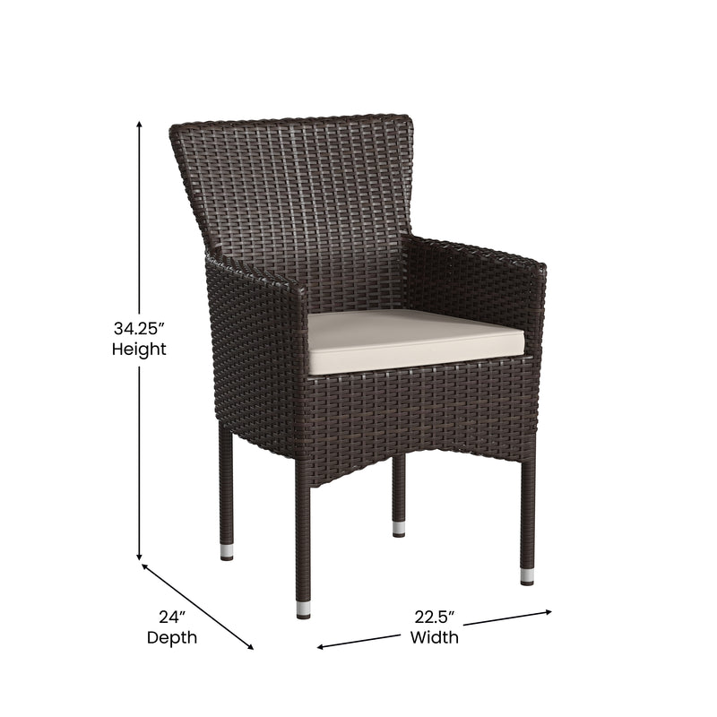 Sunset Patio Chairs with Fade and Weather Resistant Espresso Wicker Wrapped Powder Coated Steel Frames & Cream Cushions-Set of 4
