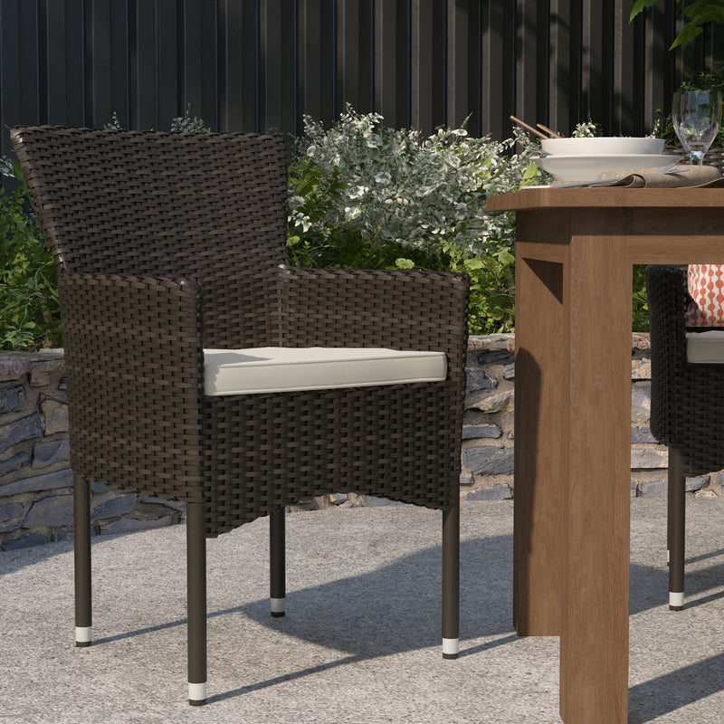 Sunset Patio Chairs with Fade and Weather Resistant Espresso Wicker Wrapped Powder Coated Steel Frames & Cream Cushions-Set of 4