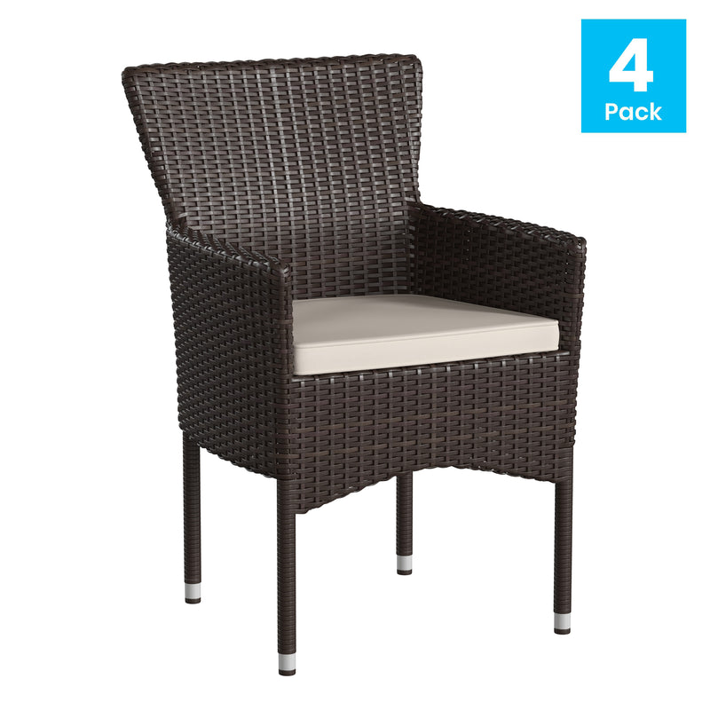 Sunset Patio Chairs with Fade and Weather Resistant Espresso Wicker Wrapped Powder Coated Steel Frames & Cream Cushions-Set of 4