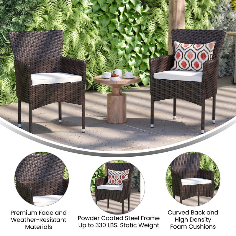 Sunset Patio Chairs with Fade and Weather Resistant Espresso Wicker Wrapped Powder Coated Steel Frames & Cream Cushions-Set of 4