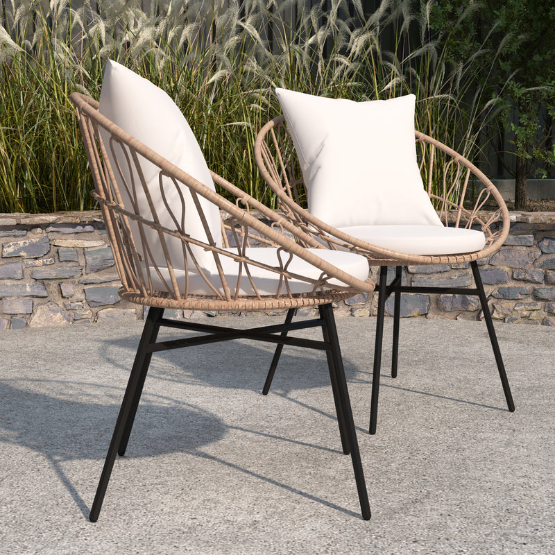 Alma Set Of 2 Faux Rattan Rope Patio Chairs, Tan Papasan Style Indoor/Outdoor Chairs with Light Gray Seat & Back Cushions
