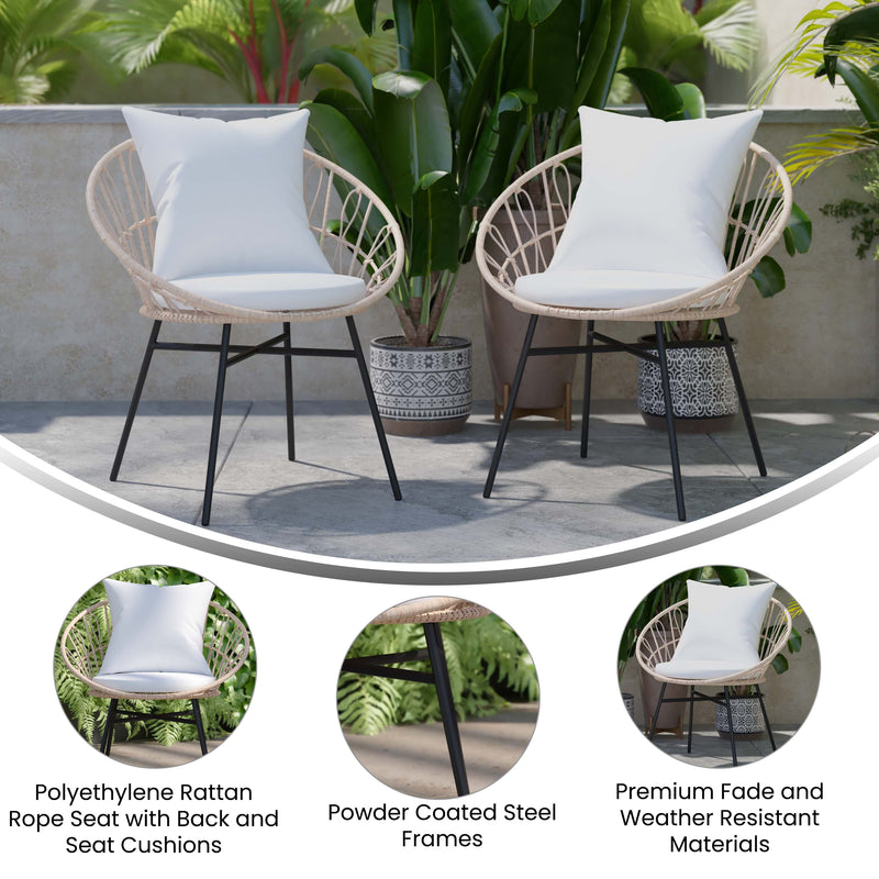 Alma Set Of 2 Faux Rattan Rope Patio Chairs, Tan Papasan Style Indoor/Outdoor Chairs with Light Gray Seat & Back Cushions