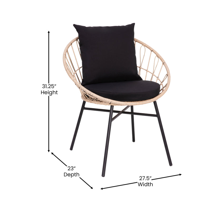 Alma Set Of 2 Faux Rattan Rope Patio Chairs, Tan Papasan Style Indoor/Outdoor Chairs with Black Seat & Back Cushions