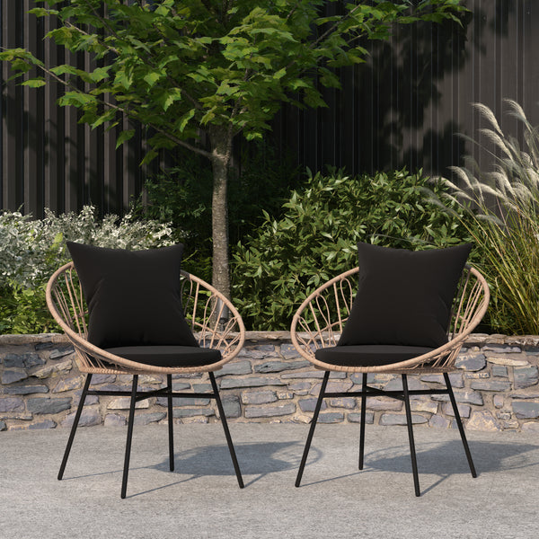 Alma Set Of 2 Faux Rattan Rope Patio Chairs, Tan Papasan Style Indoor/Outdoor Chairs with Black Seat & Back Cushions