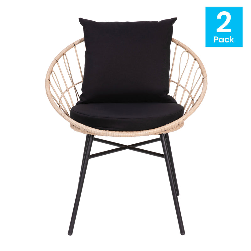 Alma Set Of 2 Faux Rattan Rope Patio Chairs, Tan Papasan Style Indoor/Outdoor Chairs with Black Seat & Back Cushions