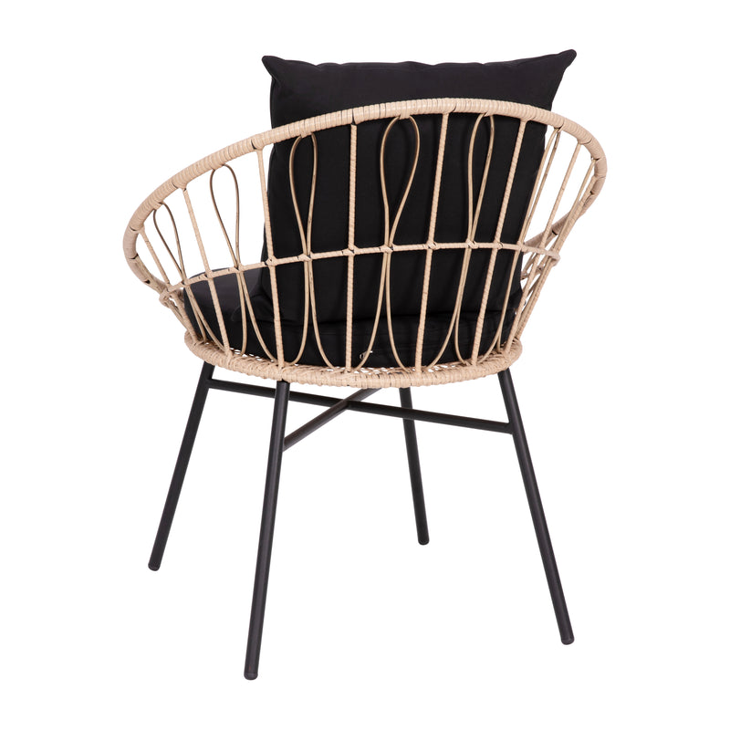 Alma Set Of 2 Faux Rattan Rope Patio Chairs, Tan Papasan Style Indoor/Outdoor Chairs with Black Seat & Back Cushions
