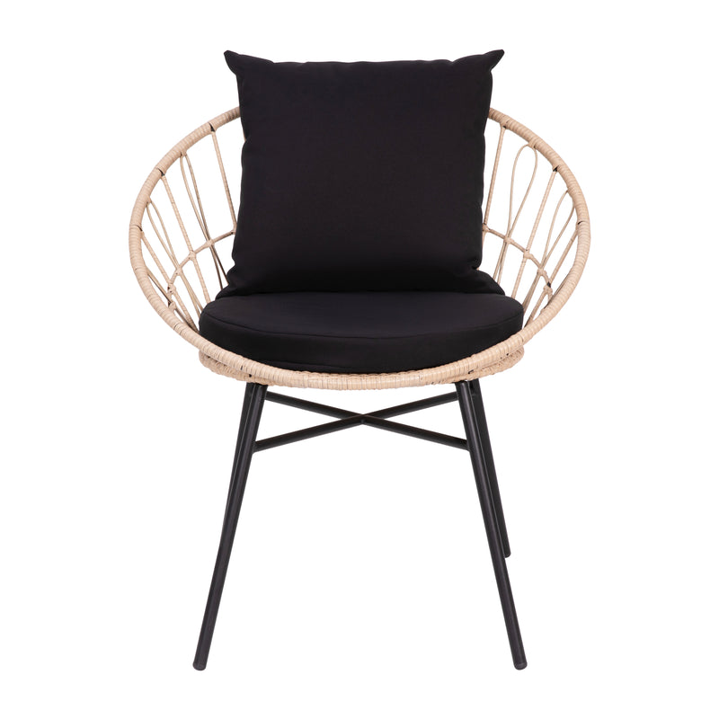 Alma Set Of 2 Faux Rattan Rope Patio Chairs, Tan Papasan Style Indoor/Outdoor Chairs with Black Seat & Back Cushions
