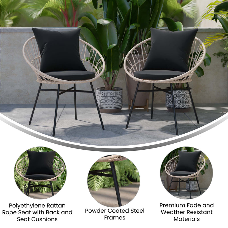 Merrick Lane Alma Set of 2 Faux Rattan Rope Patio Chairs, Tan Papasan Style Indoor/Outdoor Chairs with Black Seat & Back Cushions - Black