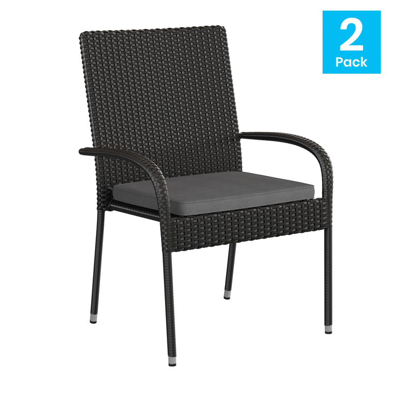 Mathias Set of 2 Indoor/Outdoor Black Wicker Patio Chairs with Powder Coated Steel Frame and Gray Padded Cushion