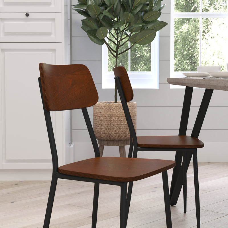 Manhattan Industrial Style Dining Chair with Rustic Wood Back and Seat and Gunmetal Steel Frame - Set of 2