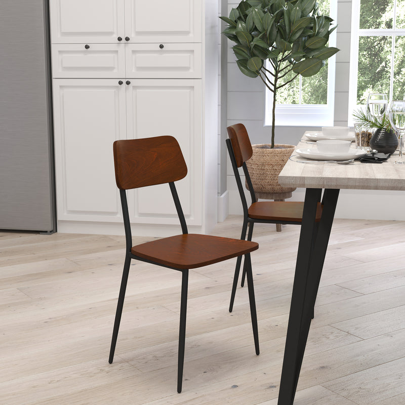 Manhattan Industrial Style Dining Chair with Rustic Wood Back and Seat and Gunmetal Steel Frame - Set of 2