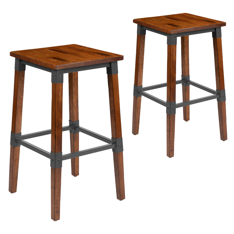 Breton Backless Bar Height Stools with Steel Supports and Footrest in Walnut Brown - Set Of 2