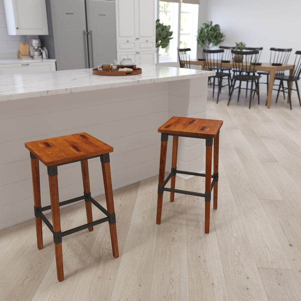 Breton Backless Bar Height Stools with Steel Supports and Footrest in Walnut Brown - Set Of 2