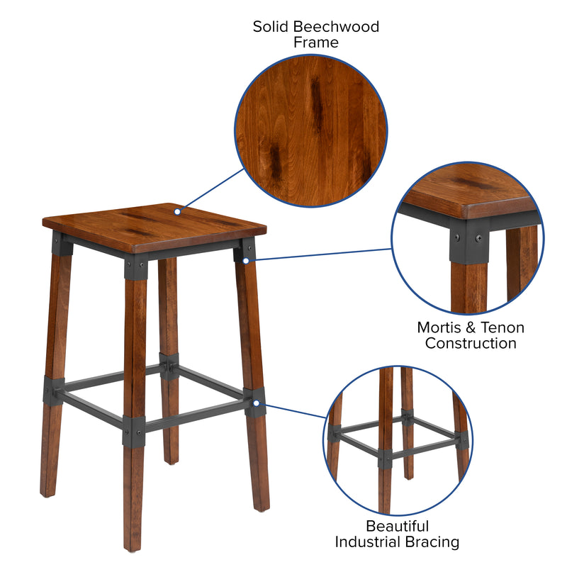 Breton Backless Bar Height Stools with Steel Supports and Footrest in Walnut Brown - Set Of 2