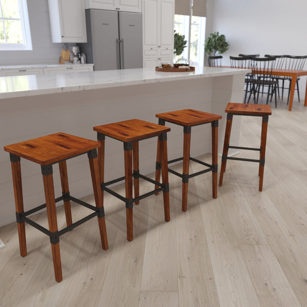 Breton Backless Bar Height Stools with Steel Supports and Footrest in Walnut Brown - Set Of 4