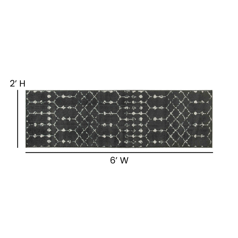 Ivory Bohemian Low Pile Rug with Dark Gray Geometric Design -2' x 6'