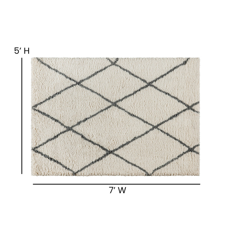 Shag Style Diamond Trellis Area Rug - 5' x 7' - Ivory/Gray Polyester (PET)