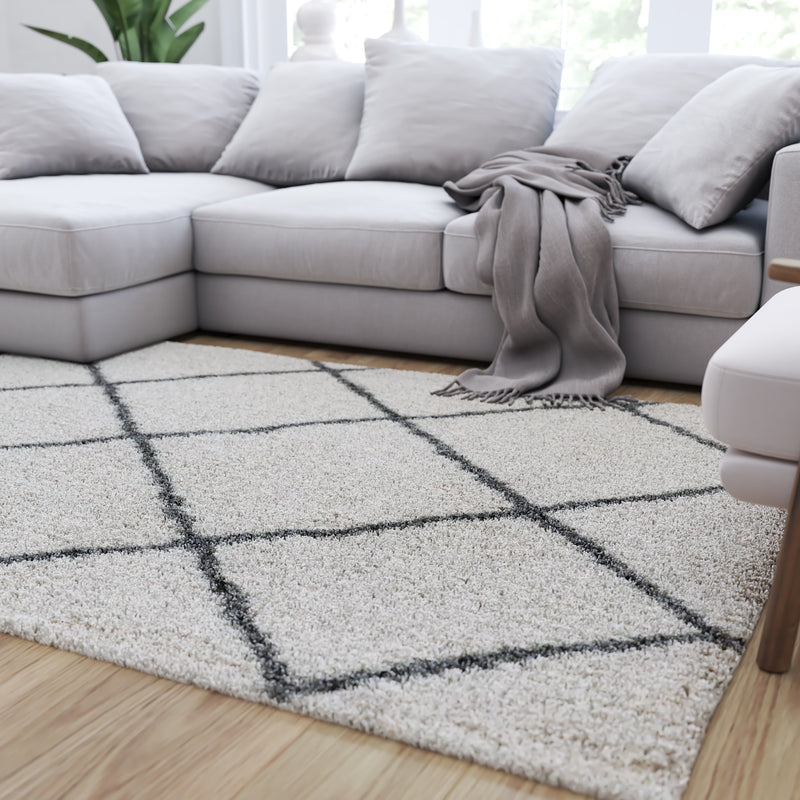 Shag Style Diamond Trellis Area Rug - 5' x 7' - Ivory/Gray Polyester (PET)