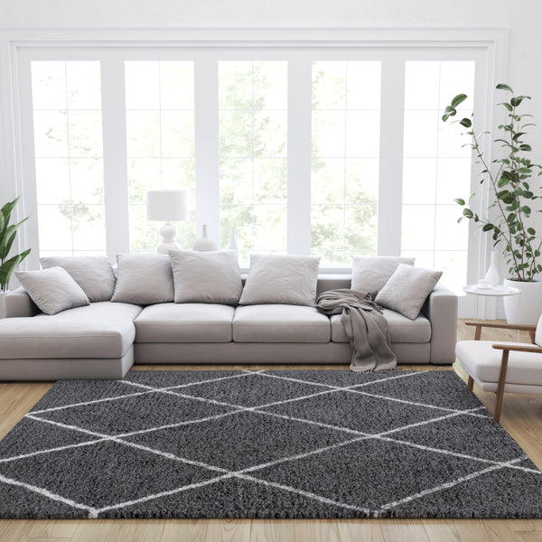 Shag Style Diamond Trellis Area Rug - 8' x 10' - Charcoal/Ivory Polyester (PET)