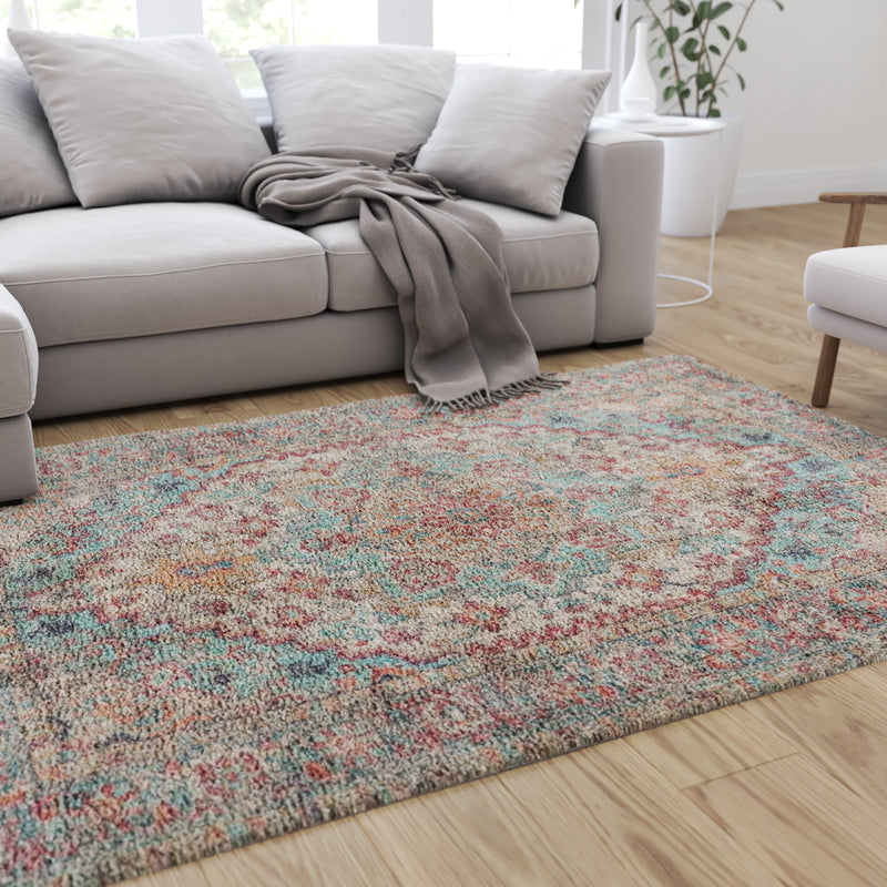 Blue Multicolor Distressed Vintage Medallion Area Rug - Micro Polyester