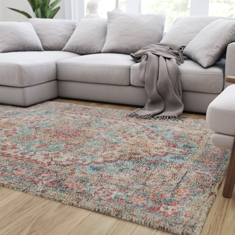 Blue Multicolor Distressed Vintage Medallion Area Rug - Micro Polyester